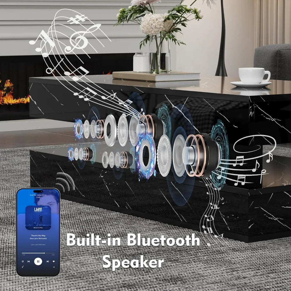 Modern LED Coffee Table 47 Inch High Gloss Double Layer Center Table with Wireless Charging and Built in Bluetooth 2 Drawers Black Marble Finish