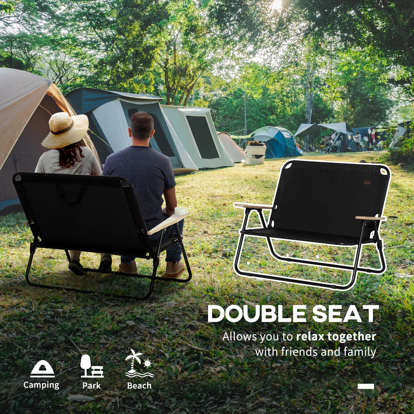 Double Folding Chair Loveseat Camping Chair with Armrests