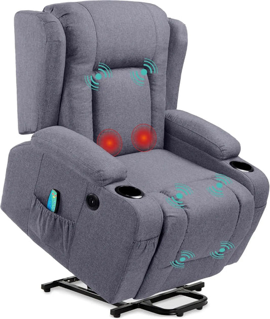 Modern Linen Electric Power Lift Chair with Massage and Heat - Blue