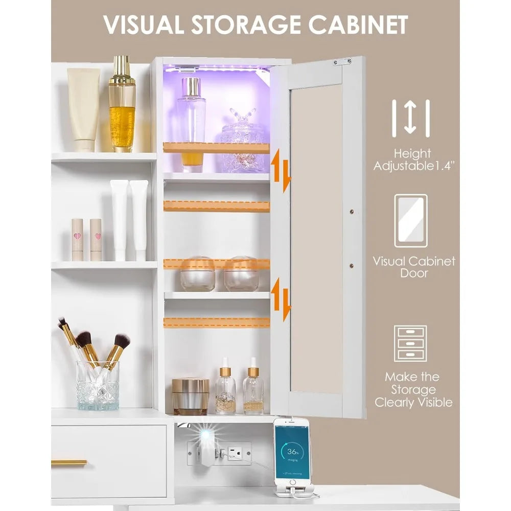 51.8 Inch Makeup Vanity Desk with Mirror and Lights White Vanity Table with RGB Cabinets Eight Drawers Power Outlet Large Dresser