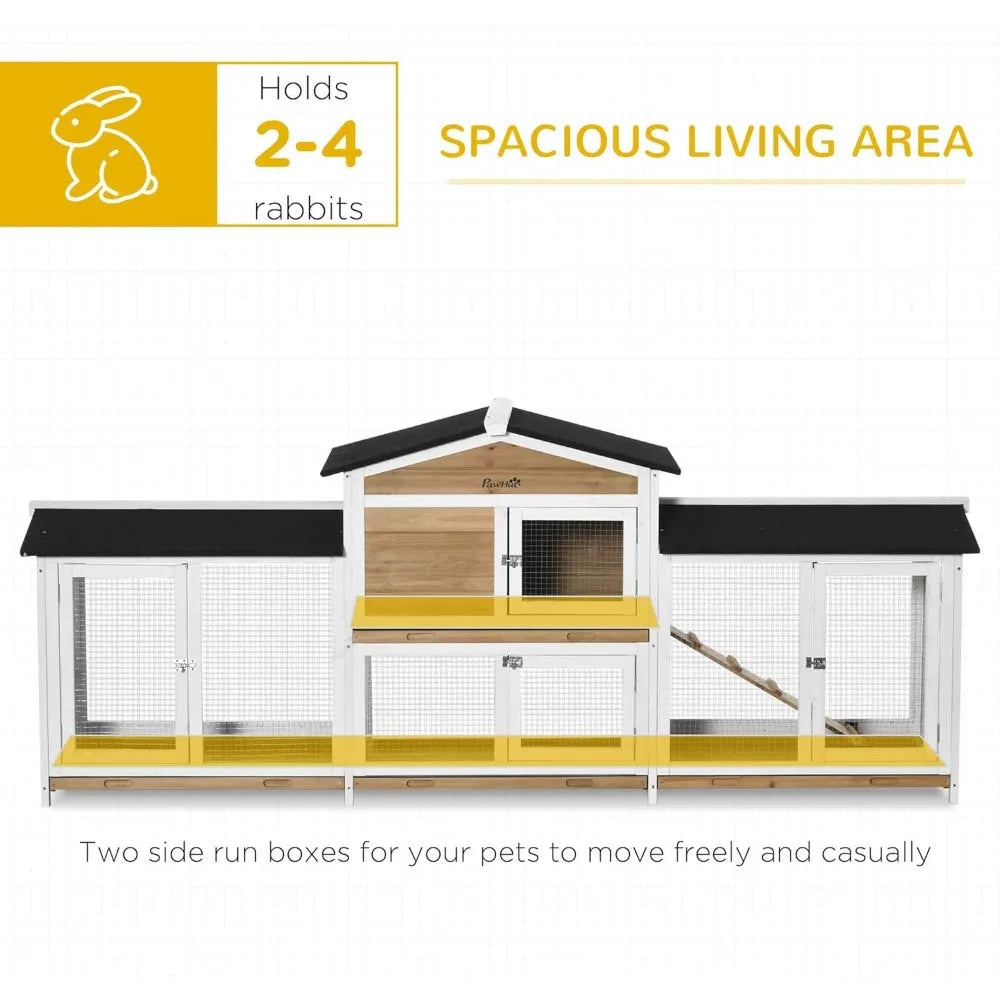 90.5" Wooden Rabbit Hutch Bunny Cage Pet Playpen House Enclosure with Double Side Run Boxes, No Leak Tray, Ramp, for Guinea Pig