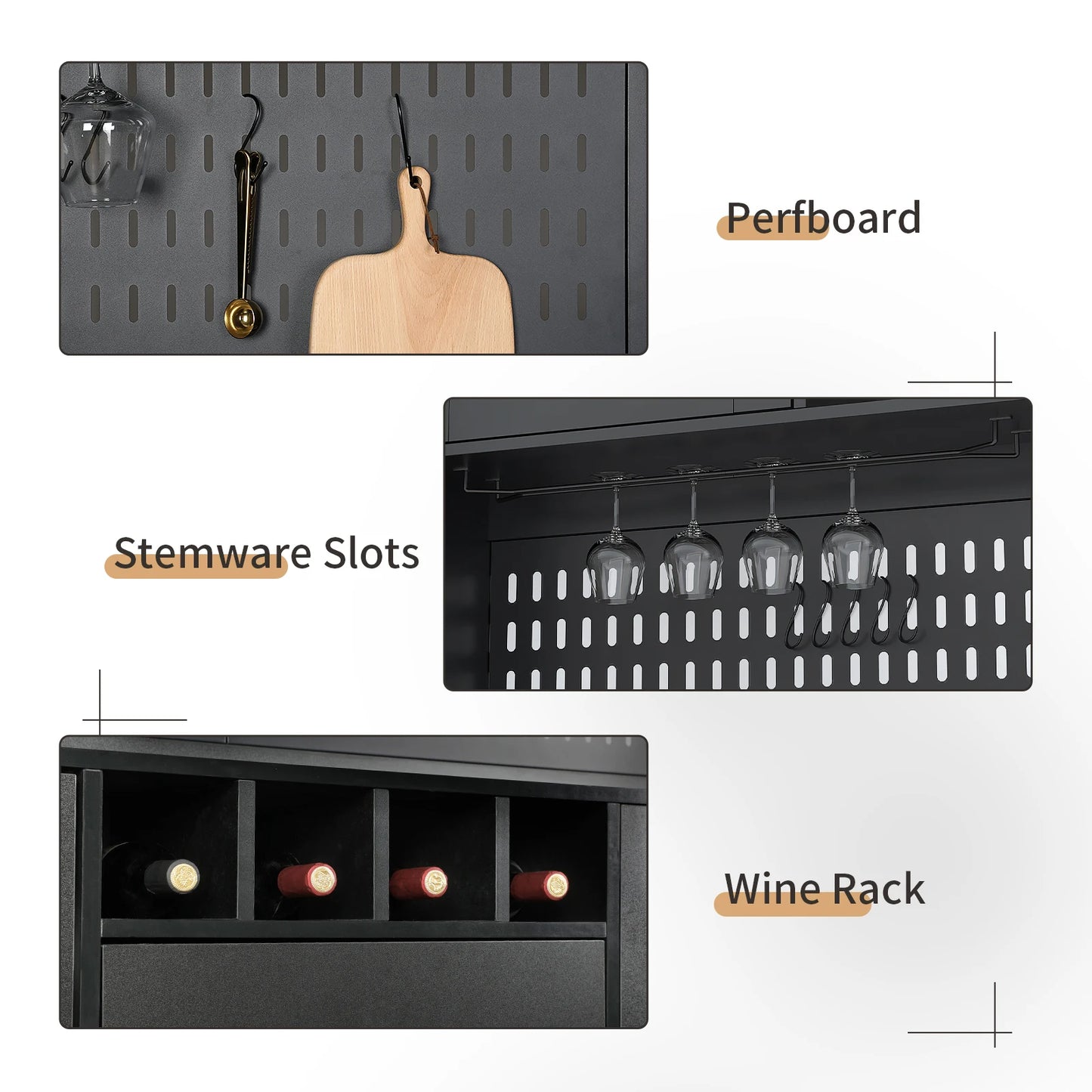 Black Freestanding Kitchen Pantry Cabinet with Pegboard Cup Holder Power Outlet Modern Style Modular Storage Buffet Hutch