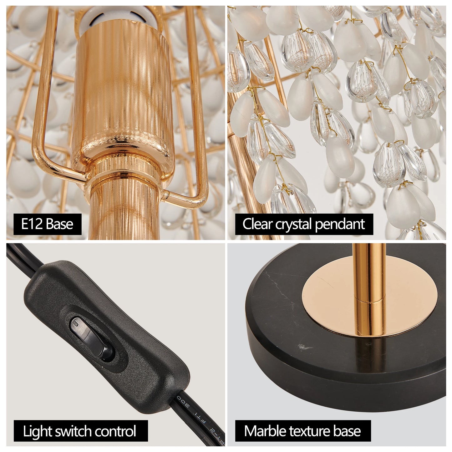 Elegant Crystal Table Lamp Vintage Waterfall Design with Crystal Bead String Shade&Marble Textured Base for Living Room Bedroom