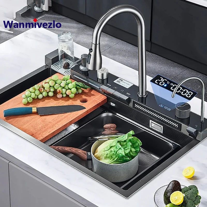 304 Stainless Steel Waterfall Kitchen Sink Large Single Slot Integrated Digital Display Faucet Set