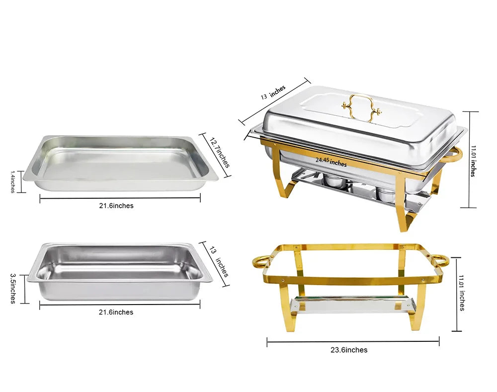4 Pack Rectangular Chafing Dishes Set 8QT 9QT Semi Gold Plated Stainless Steel Buffet Warmer for Hotel Catering or Wedding Parties