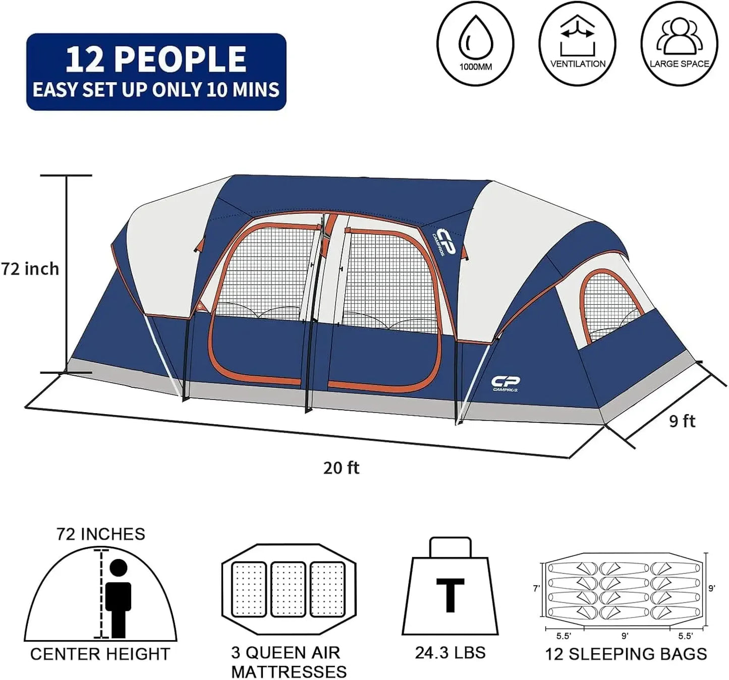 12-Person 3-Room Waterproof Windproof Camping Tent with Top Rainfly And Large Mesh Windows Family Outdoor Shelter