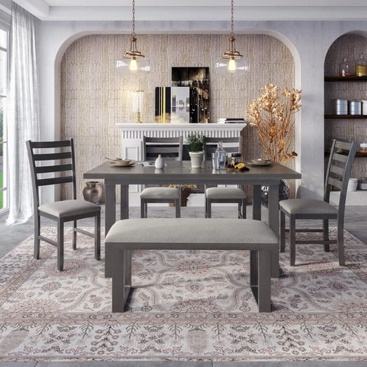 6 Piece Dining Table Set Gray Upholstered Rectangular Table with 4 High Back Chairs And Tufted Bench Country Rustic Kitchen Table Set