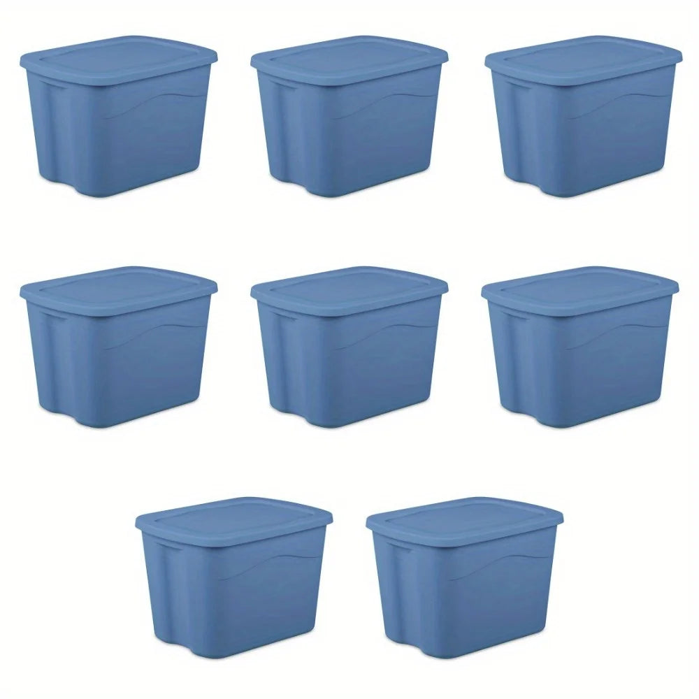Pack of 8 Storage Bin, 18 Gallon Plastic Storage Container with Snap-on Lid, Light Blue