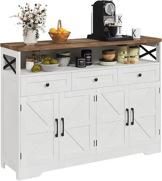 Farmhouse Buffet Cabinet with Drawers & Open Shelf Storage
