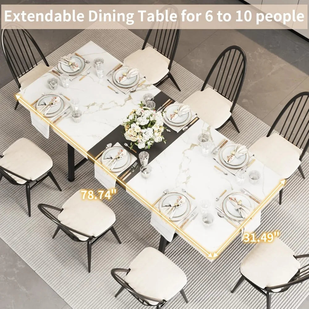 Extendable Dining Table 63-79 Inch Woodgrain/Marble Top for 6-10 People Silent-Glide Mechanism Modern Rectangular Dining Room Furniture
