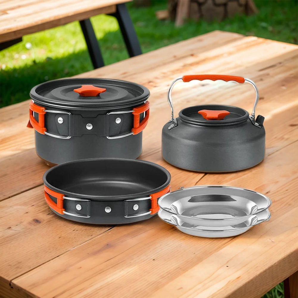 Camping Pot and Pan Set Foldable Spoon/Fork/Knife Outdoor Tableware Equipment Serves for 2-3 Person for Hiking Picnic