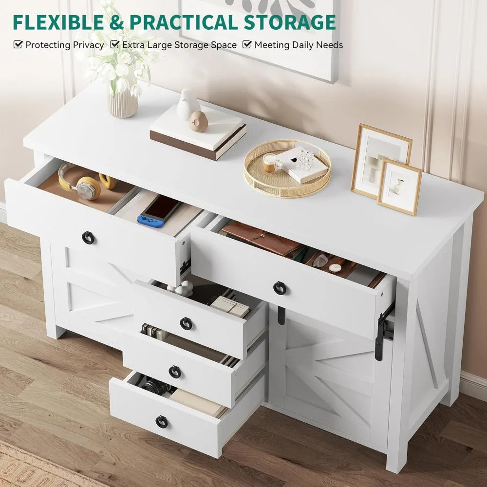54" Farmhouse Dresser, Large Modern Chest of Drawers, Wood Rustic Dresser TV Stand with 5 Drawers & 2 Sliding Barn Doors