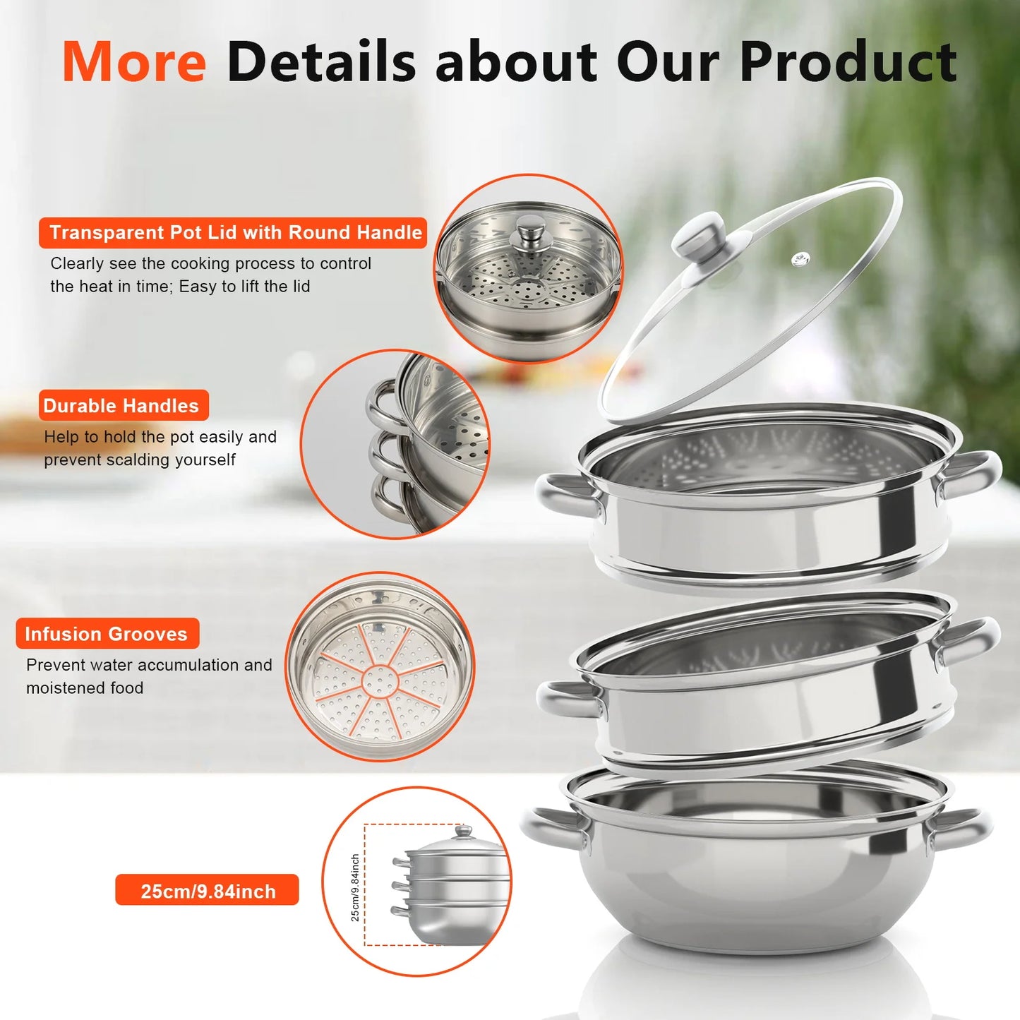 3 Tier Stainless Steel Steamer 28cm Overlapping Kitchen Soup Cooker Set with Glass Lid Silver