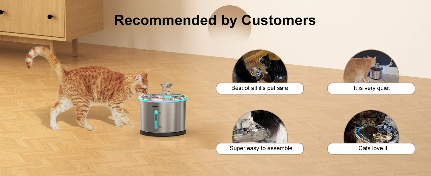 NPET Stainless Steel Cat Water Fountain 50oz 1.5L Dishwasher Safe Pet Water Dispenser with Visible Window Light
