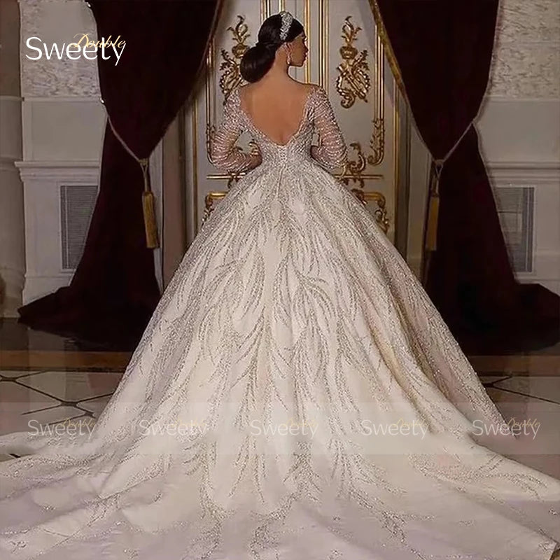 Glitter Fully Beaded Wedding Dress With Organza Ball Gown Full Sleeve O-Neck Bride Dress Lace Up Vestido De Novia Customized