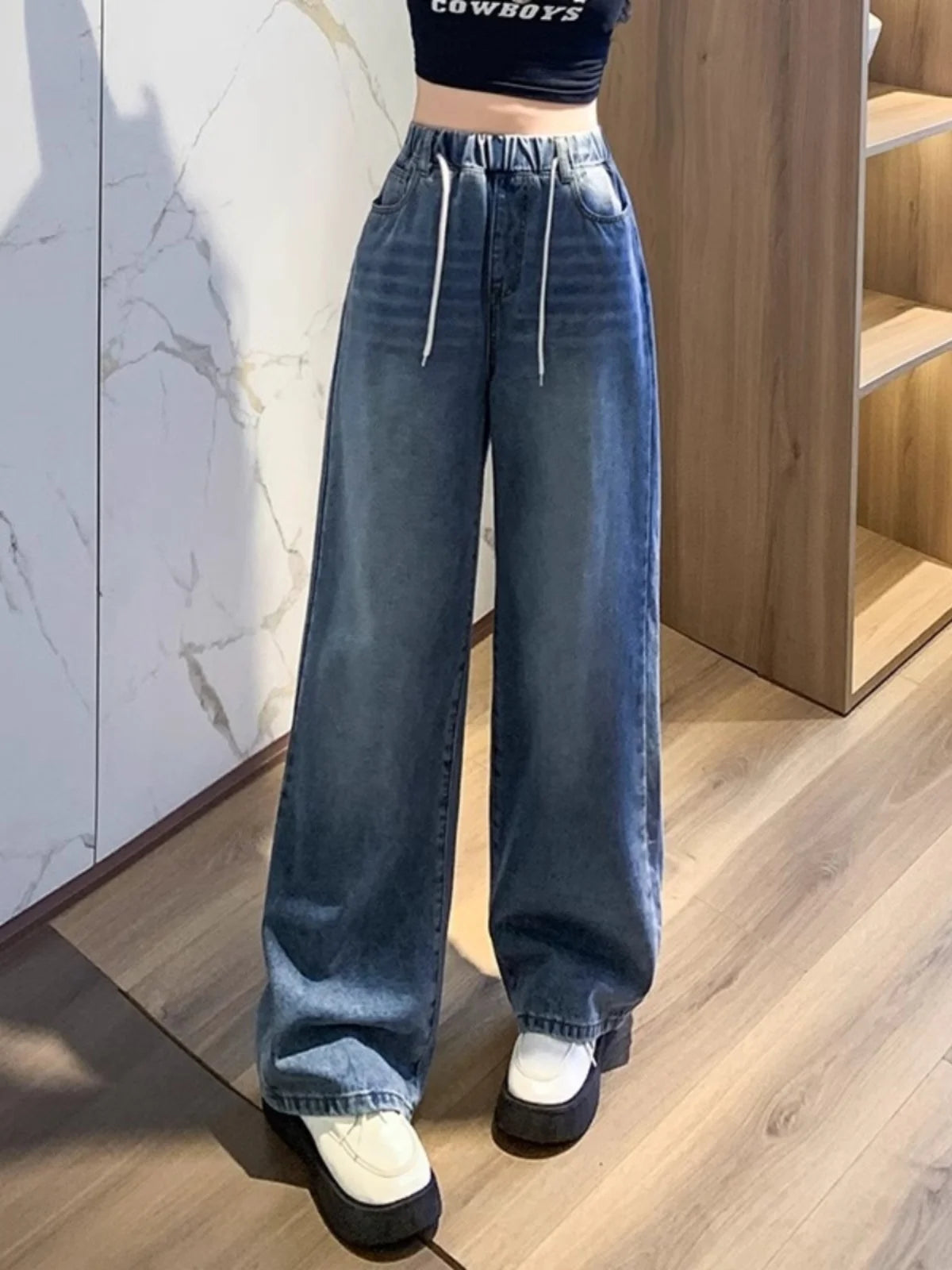 Loose Wide Leg Jeans High Waist Light Blue Women's plus Size Elastic Waist Dstring Trousers Slimming Long Pants