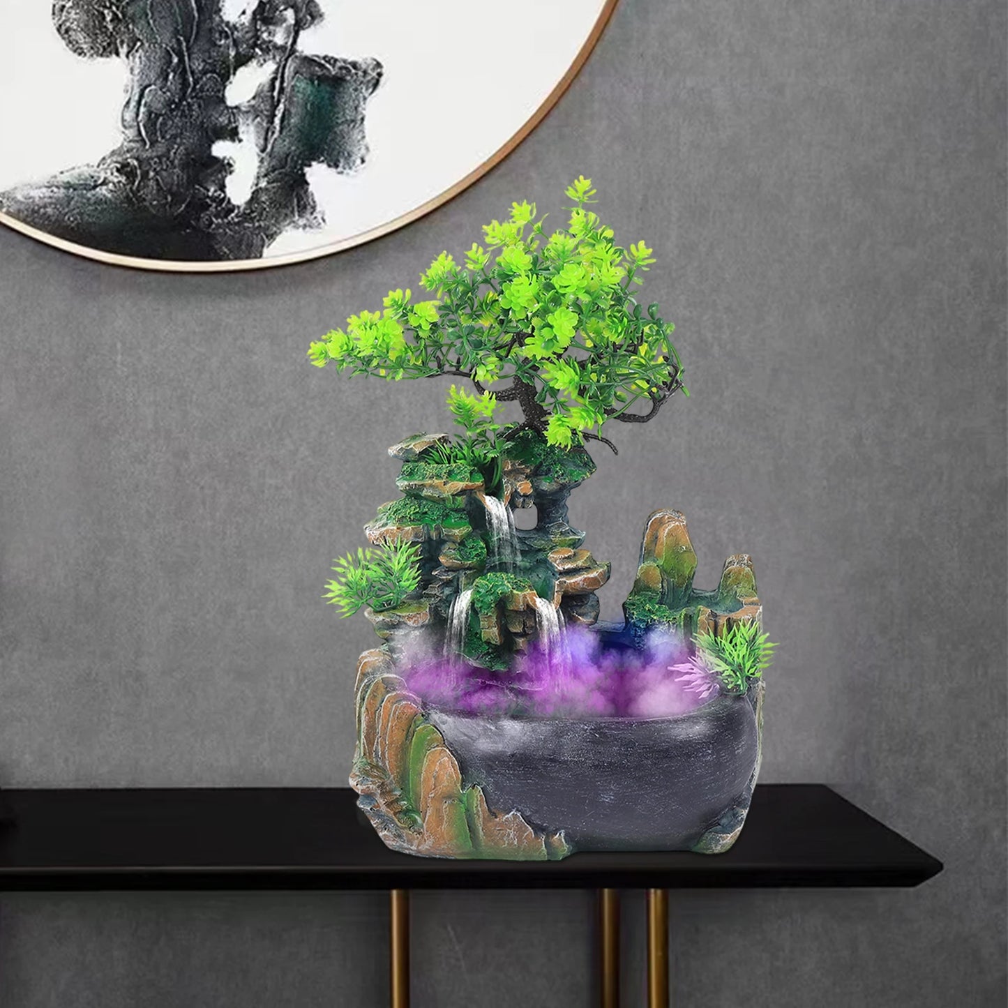 Resin Desktop Fountain With Light Base Power Line Tabletop Mountain Waterfall Rockery Decorative Ornament For Indoor