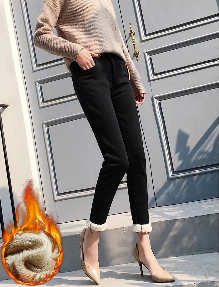 Winter High Waist Pencil Jeans for Women Thickened Lamb Fluff Skinny Denim Pants Warm Stretch Vaqueros Big Size 34 Casual Winter Jeans