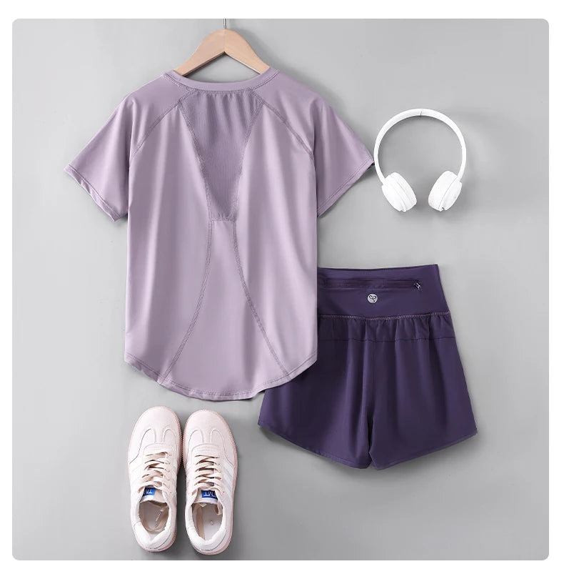 DRUR Women Yoga Set 2 Piece Sports Outfit Short Sleeve Tops