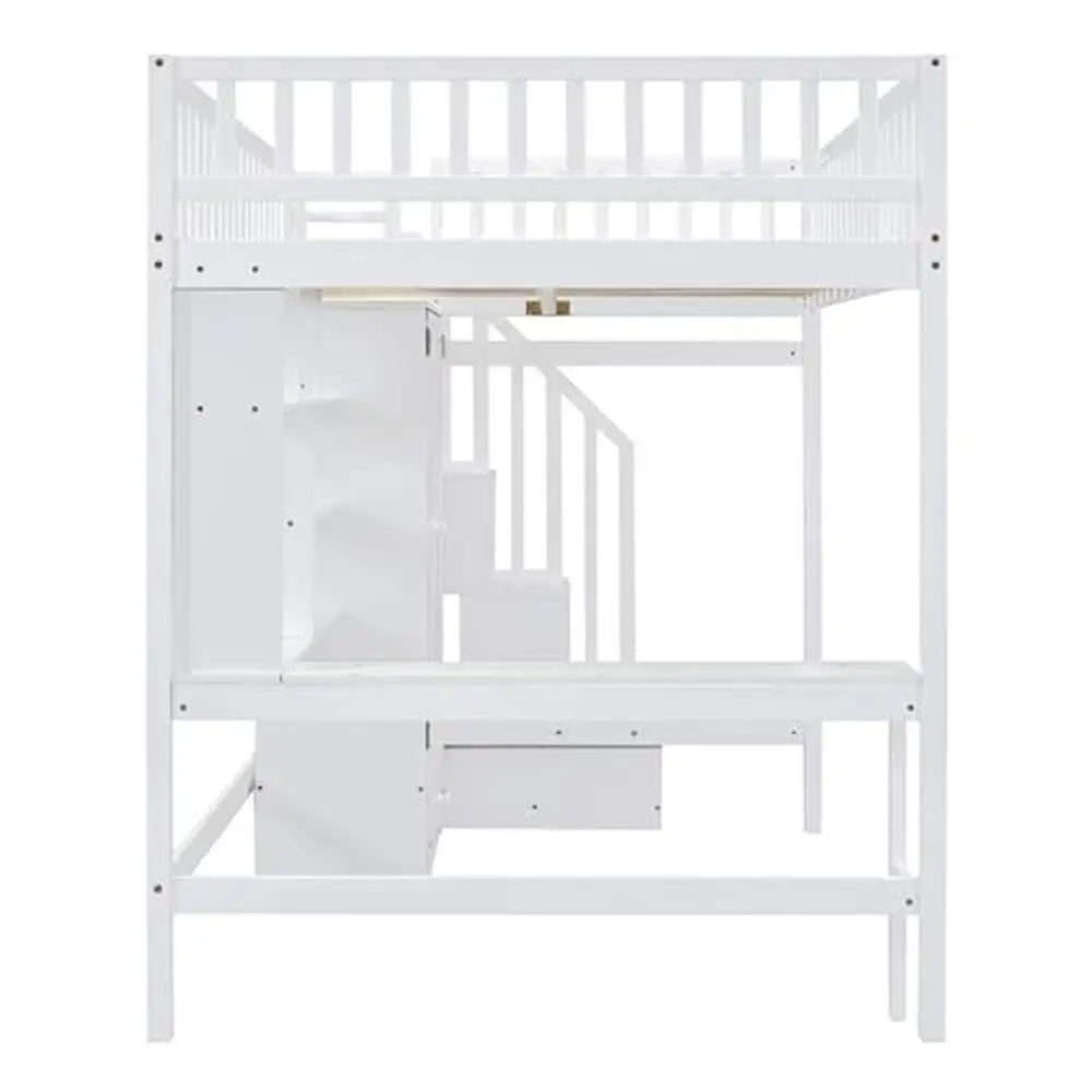 Full Size Loft Bed Combo Set with Storage Stairs Desk Bookshelf Drawers and Wardrobe Solid Wood Frame for Kids Teens and Adults in White