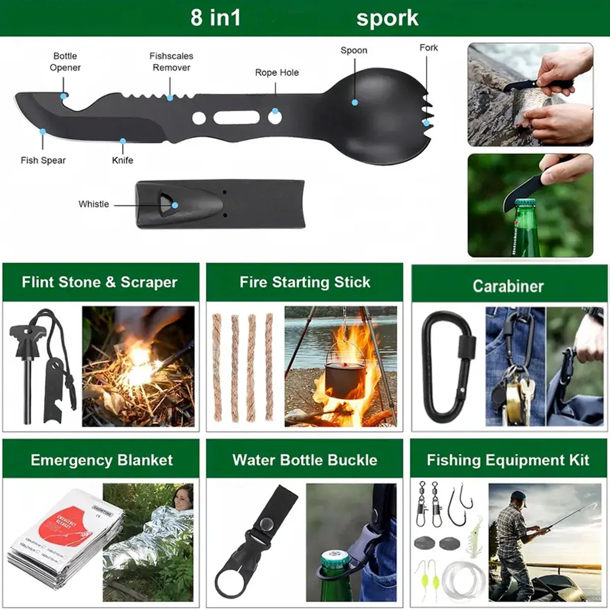 Multifunctional Camping Survival Tool Set Emergency Outdoor Supplies First Aid Kit Self Defense Equipment for Adventures