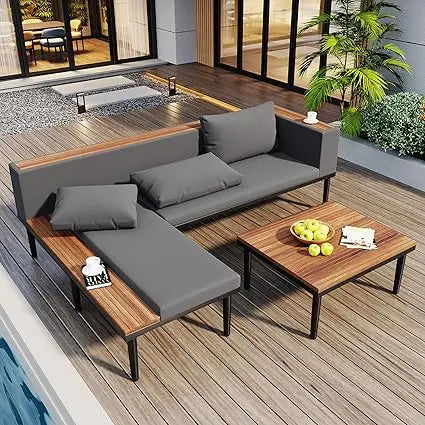 Modern Outdoor Sectional Sofa Set with Round Nesting Coffee Tables and Cushions 6 Piece Patio Furniture Set for Porch Garden Pool