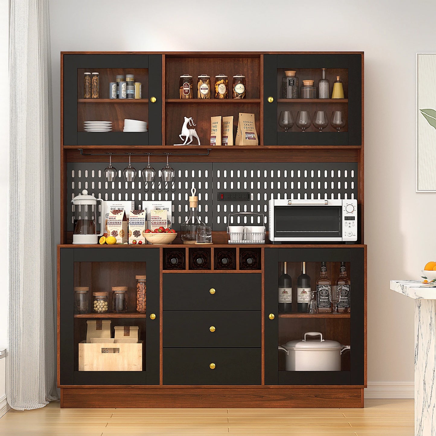 Black Freestanding Kitchen Pantry Cabinet with Pegboard Cup Holder Power Outlet Modern Style Modular Storage Buffet Hutch
