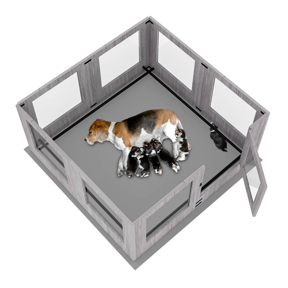 Heavy Duty Tempered Glass Dog Whelping Box Indoor Pet Playpen Kennel Cage with Waterproof Mat Training Enclosure Fence for Puppies