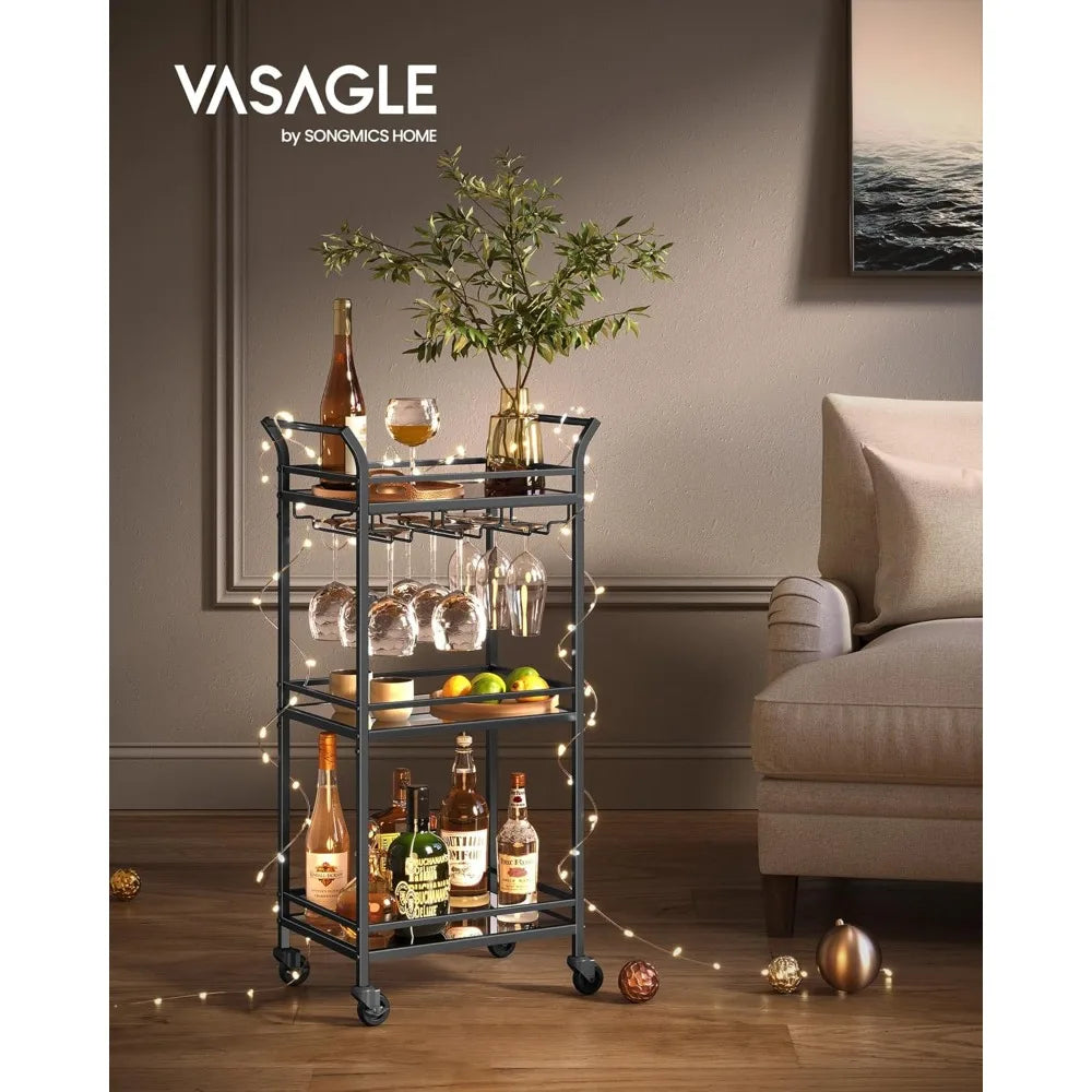 VASAGLE Small Bar Cart with 3-Tier Shelf, Wine & Glass Holders, Mini Bar Cart for Small Spaces, Kitchen, Dining Room, Living Room.