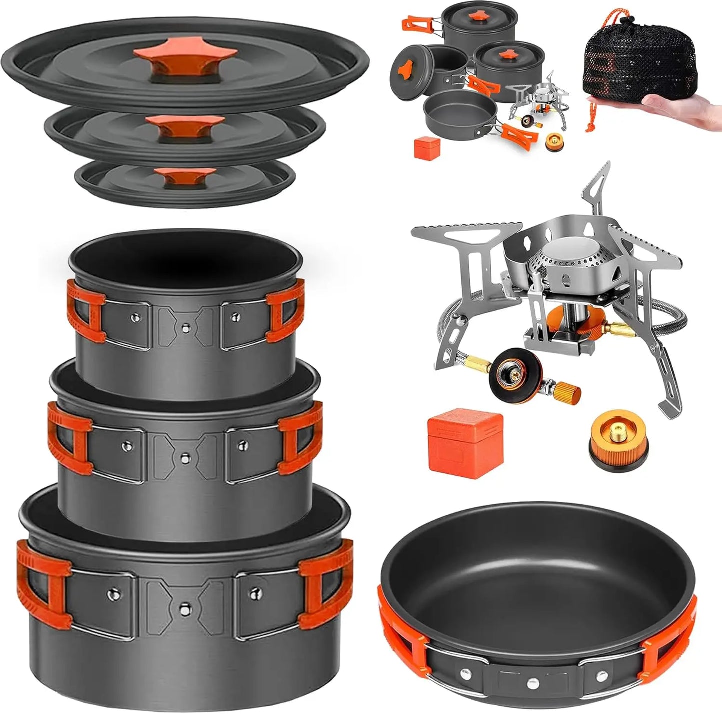 Non Stick Camping Cookware Mess Kit Set with Stove Aluminum Backpacking Pots and Pans Portable Cooking System for 3 to 5 Users