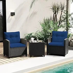3 Piece Patio Furniture Set, Wicker Bistro Conversation Set w/ 2 Cushioned Armchairs & Glass Topped Table, Outdoor Rattan Sofa