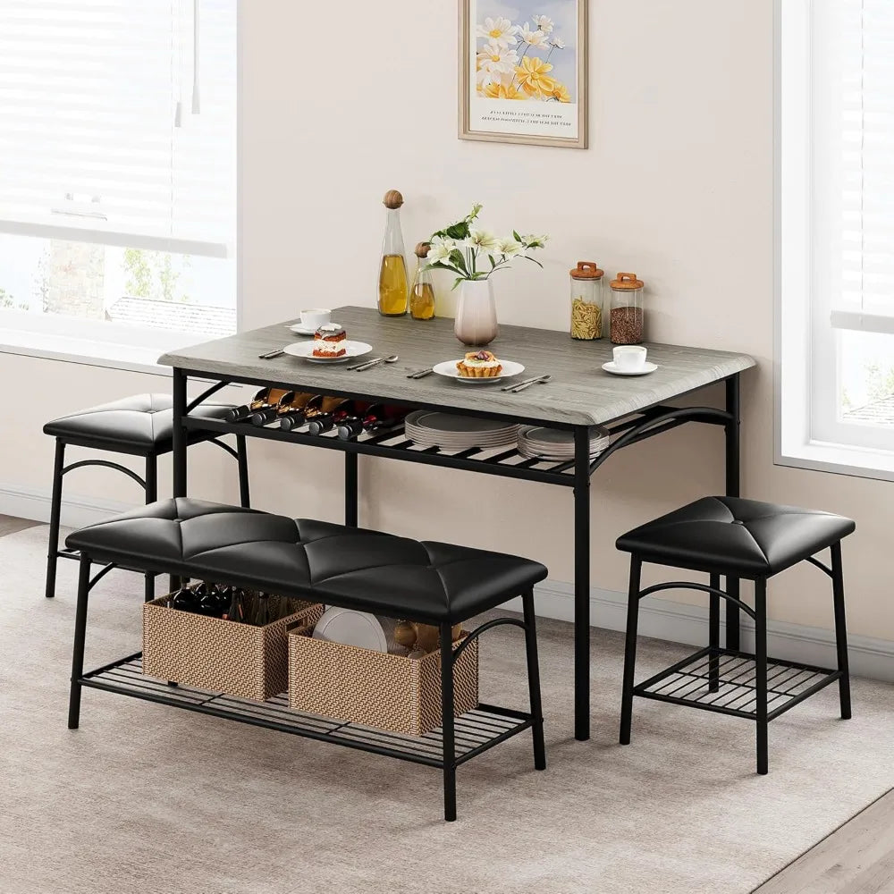 4 Piece Dining Table Set for 4 with Upholstered Bench And Square Stools - Kitchen Dining Set with Storage