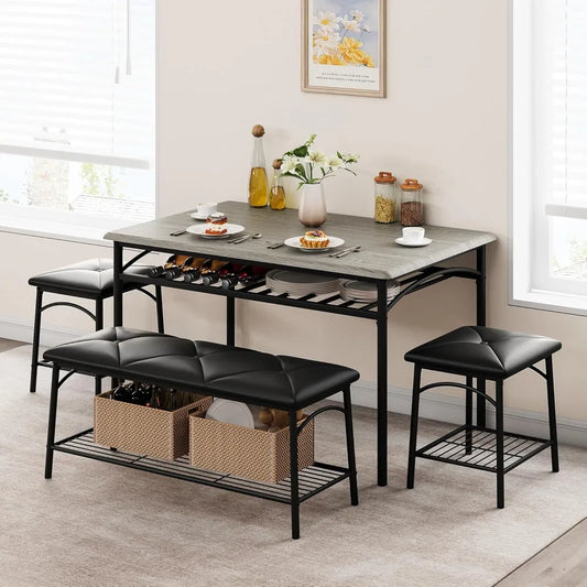 4 Piece Dining Table Set for 4 with Upholstered Bench And Square Stools - Kitchen Dining Set with Storage