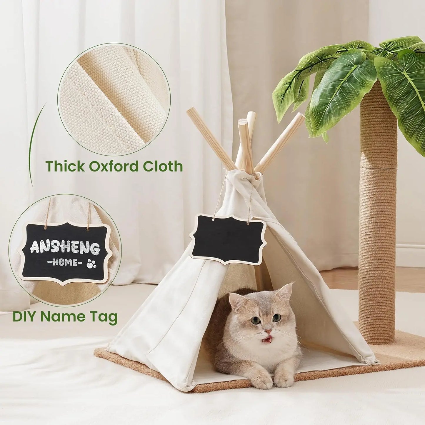 MEWOOFUN 60cm Tall Cats Scratching Post Teepee with Simulated Leaves Wooden Cat Tree Pet Bed Tent Indoor Play House for Cats