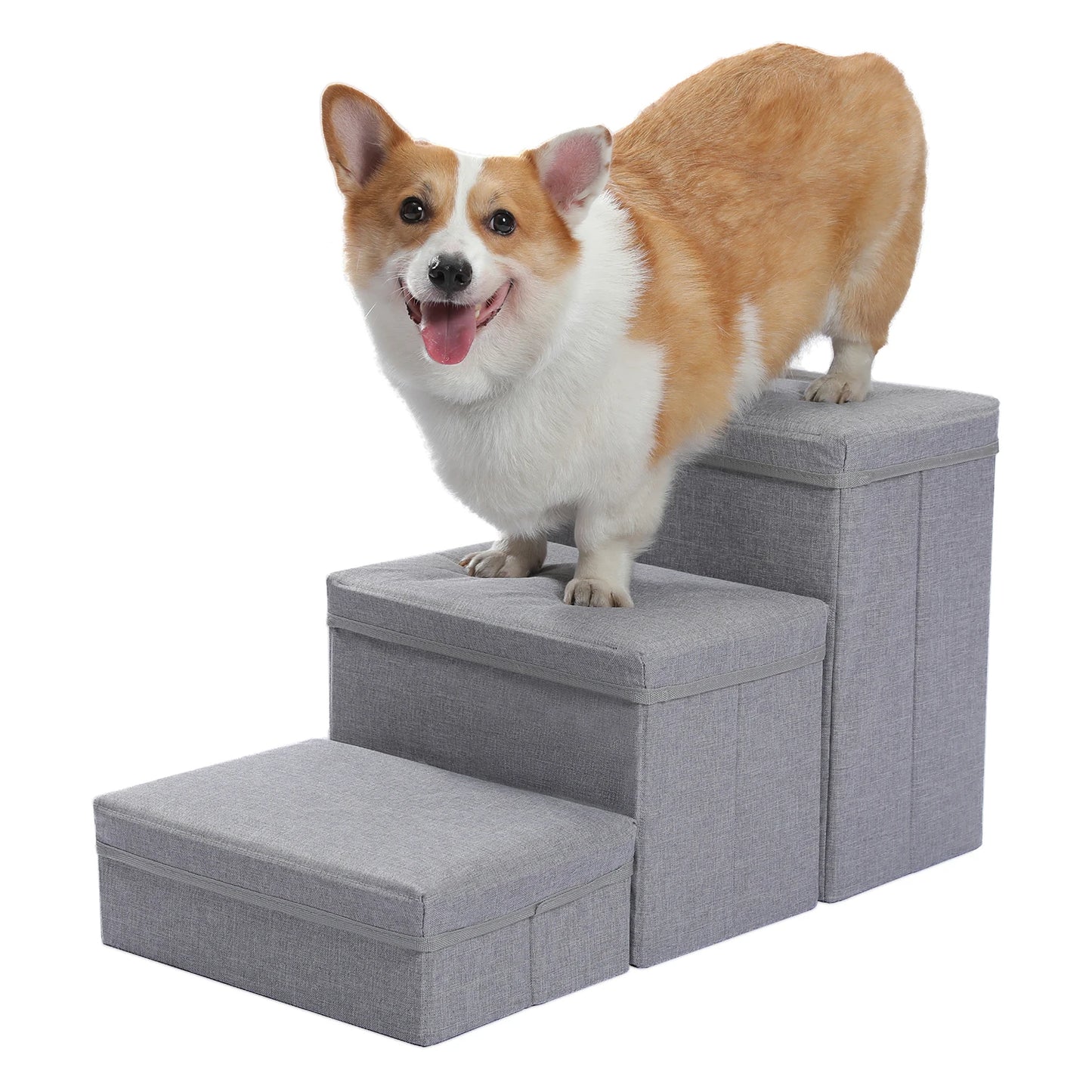 3-Tier Foldable Dog Stairs with Storage Adjustable Height Non-Slip Pet Steps for Small Old Dogs And Cats Brown/Grey/Dark Grey