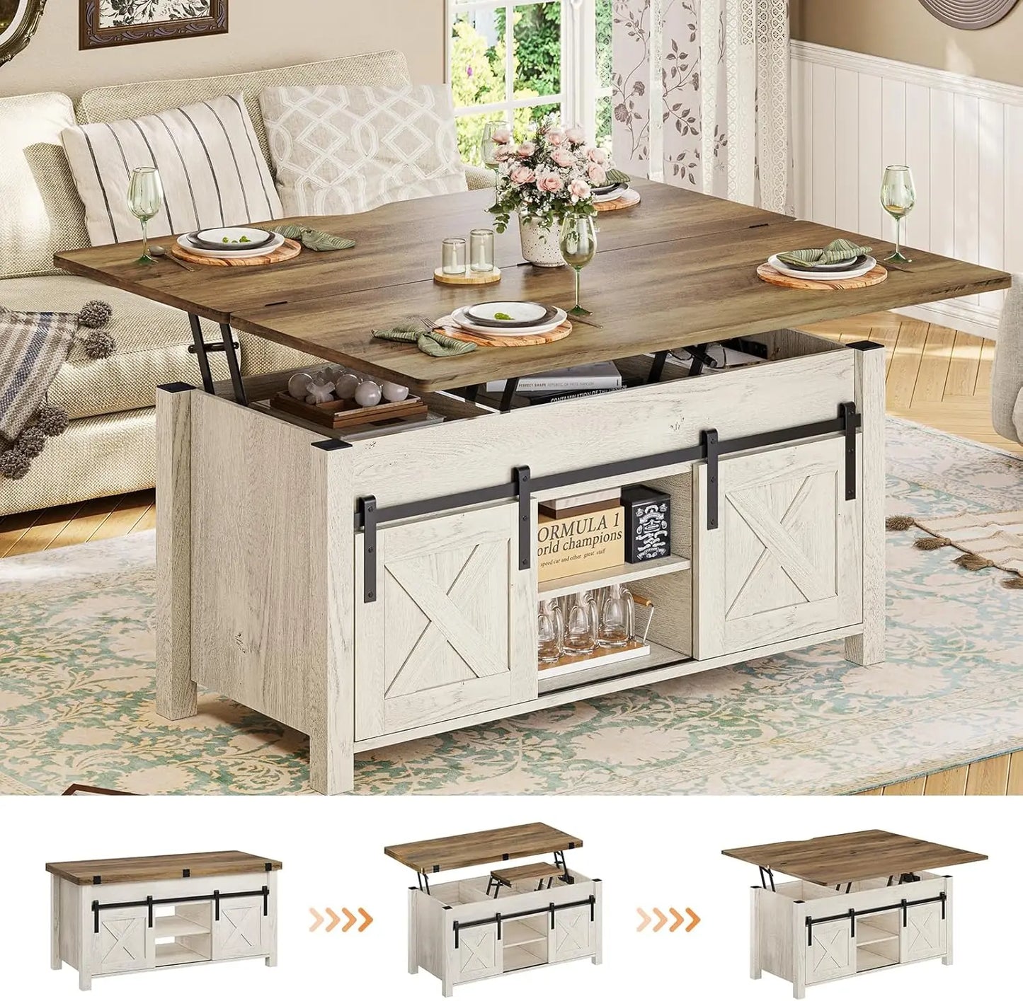 Lift Top Coffee Table 4 in 1 Multi Function Convertible Coffee Table with Storage and Hidden Compartment Farmhouse Coffee Table