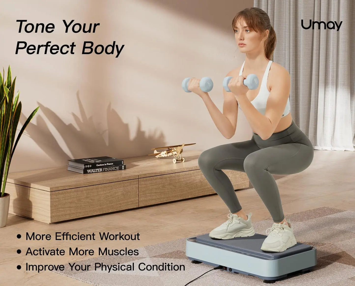 Umay Fitness Vibration Board Blue and White Full Body Home Workout Machine with Ring Band for Improved Blood and Lymphatic Circulation
