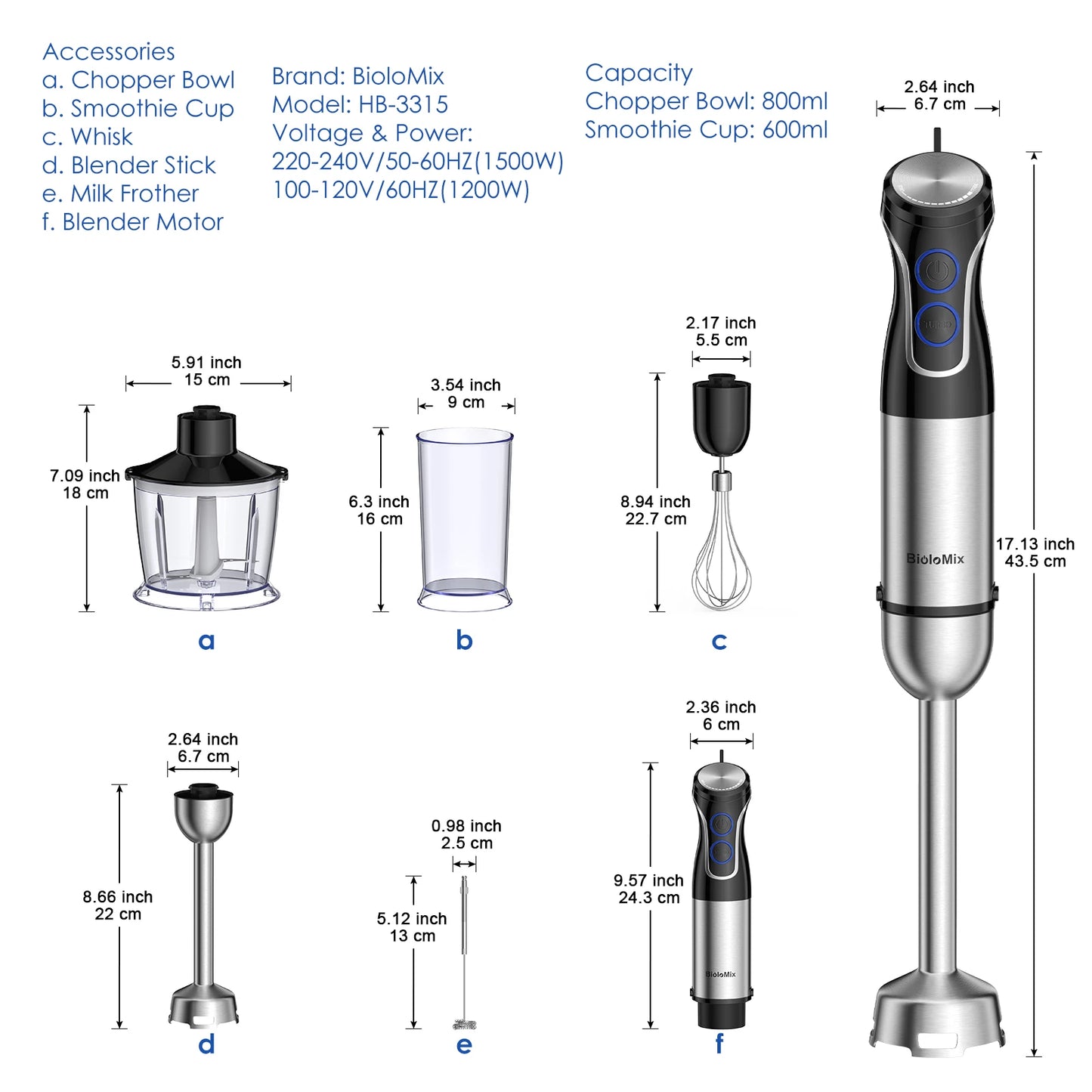 BioloMix 5 in 1 Immersion Hand Blender 1500 Watt Powerful Stainless Steel Blade Food Processor Smoothie Maker Baby Food Puree Tool