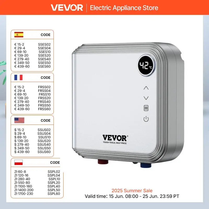 VEVOR 7KW Tankless Electric Water Heater On-Demand Instant under Sink Boiler for Kitchen Bathroom Faucet And Shower
