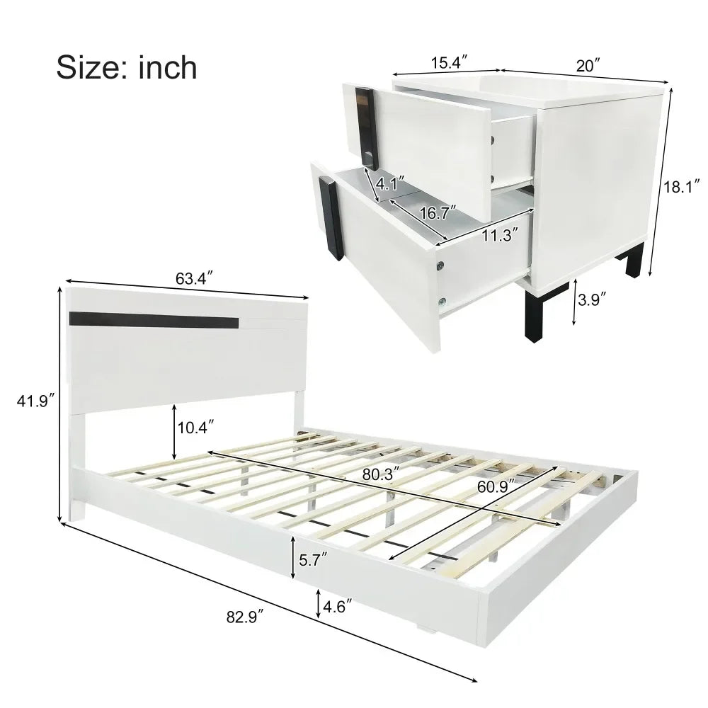 Modern High Gloss 3 Piece Bedroom Set Floating Queen Size Platform Bed with LED Light and 2 Nightstands in White