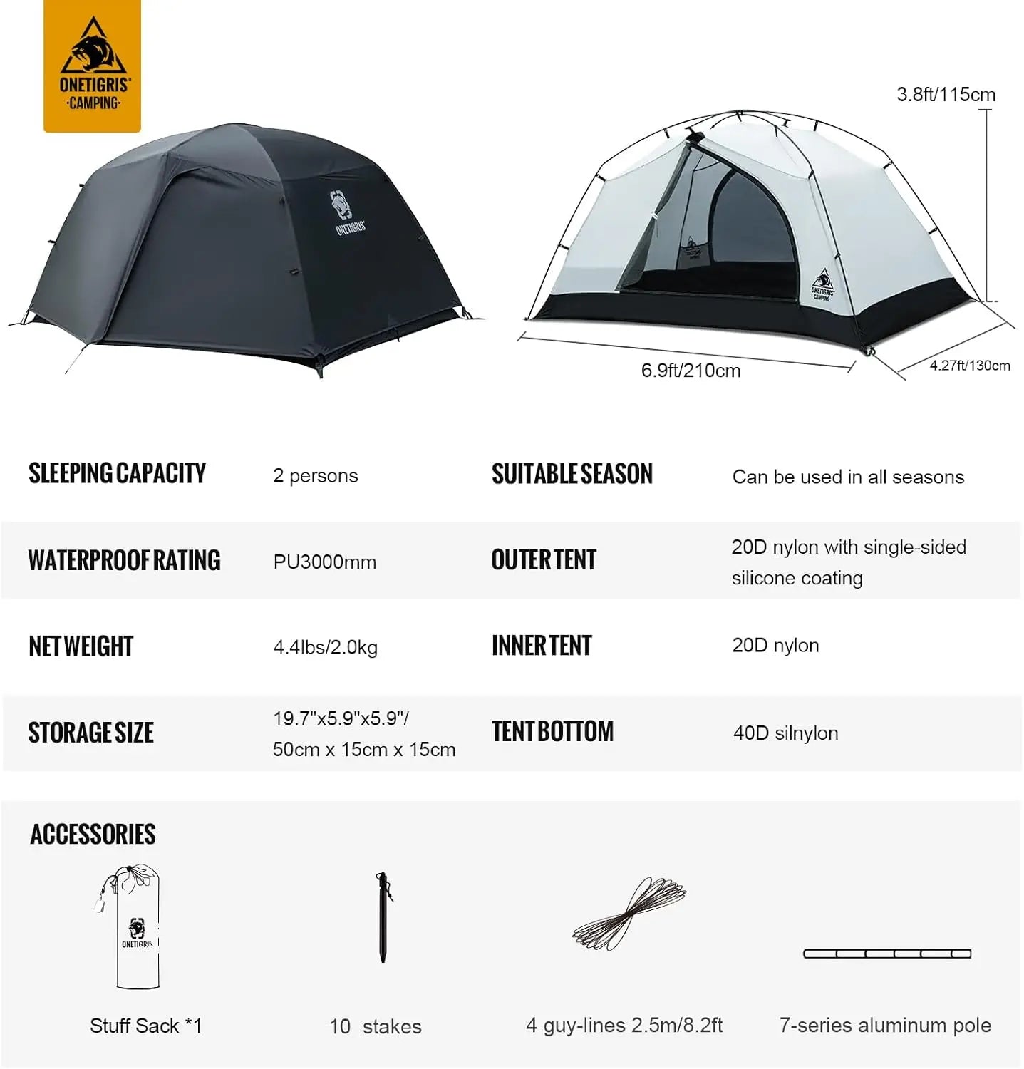 OneTigris Stella Camping Tent 4 Season 2 Person Waterproof Lightweight Instant Setup Backpacking Gear 3000mm Rating