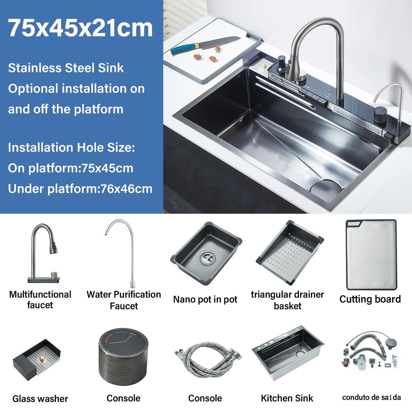 304 Stainless Steel Waterfall Kitchen Sink Large Single Slot Integrated Digital Display Faucet Set