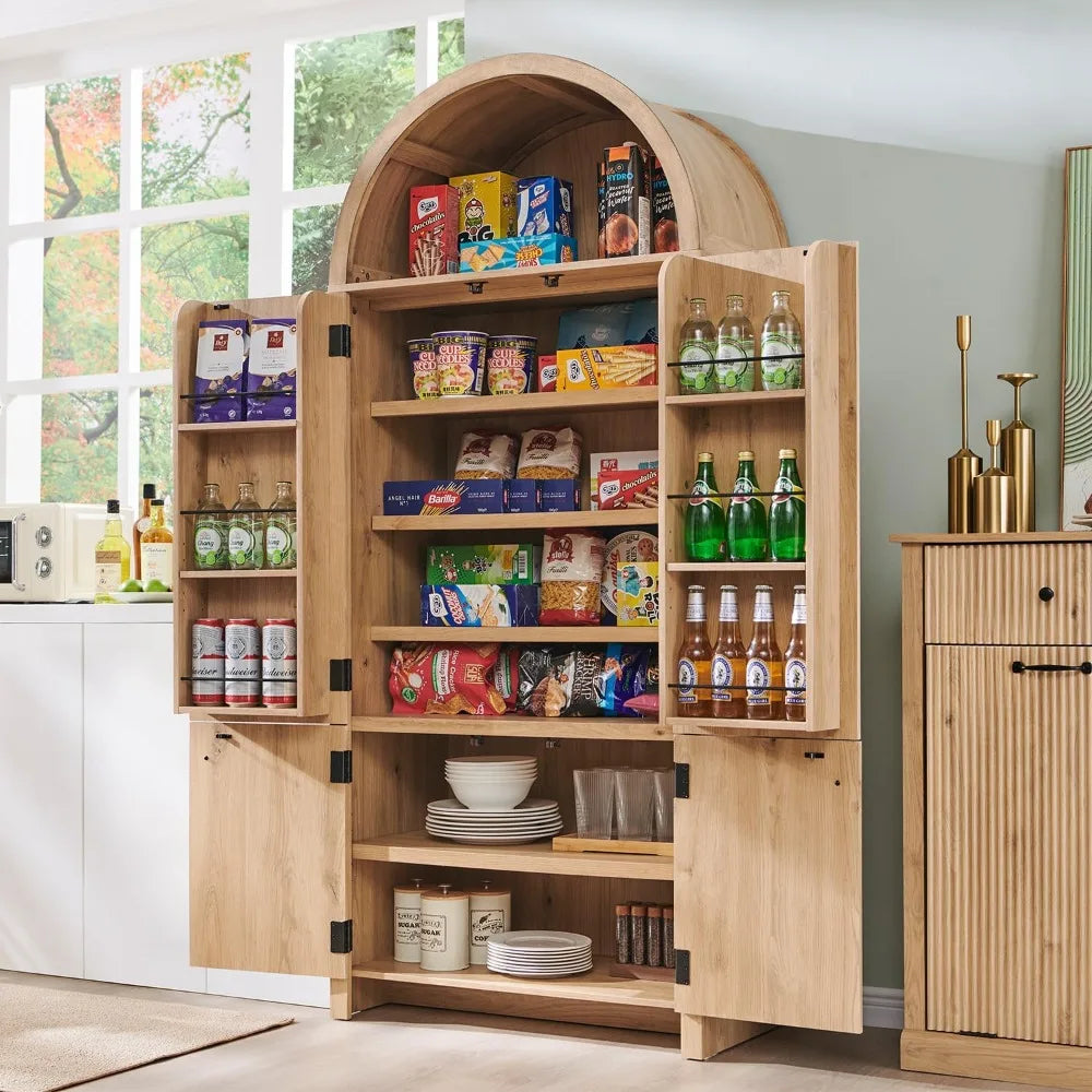 71" Tall Arched Kitchen Pantry Modern Fluted Wood Storage Cabinet with 3 Adjustable Shelves 6 Door Shelves Organizer - Natural