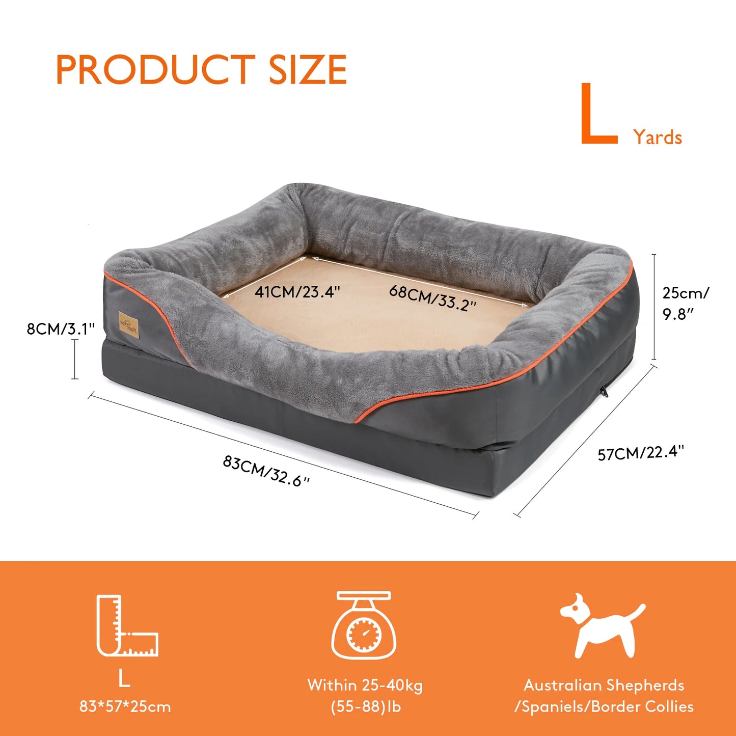 Super Soft Orthopedic Dog Bed L XL 2XL 3XL Cotton Padded Bolster Removable Cover Waterproof Pet Sleeping Mat Solid Color