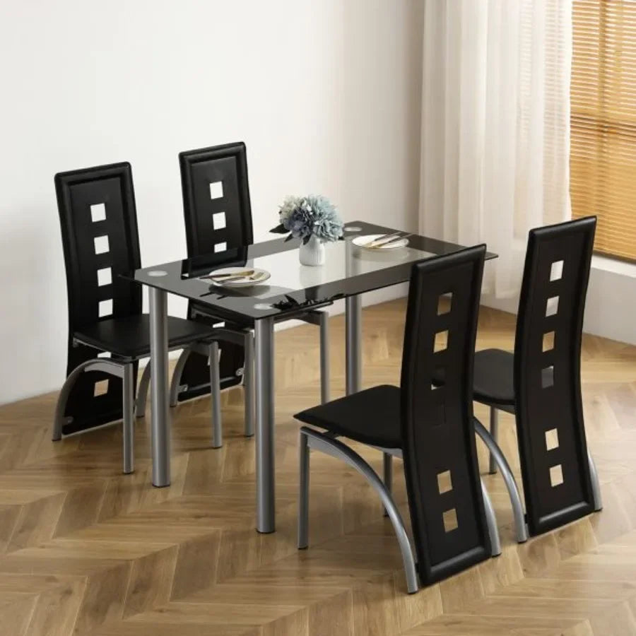5 Pieces Dining Table Set for Kitchen Room Tempered Glass Dining Table 4 Chairs Black Table legs are silvery