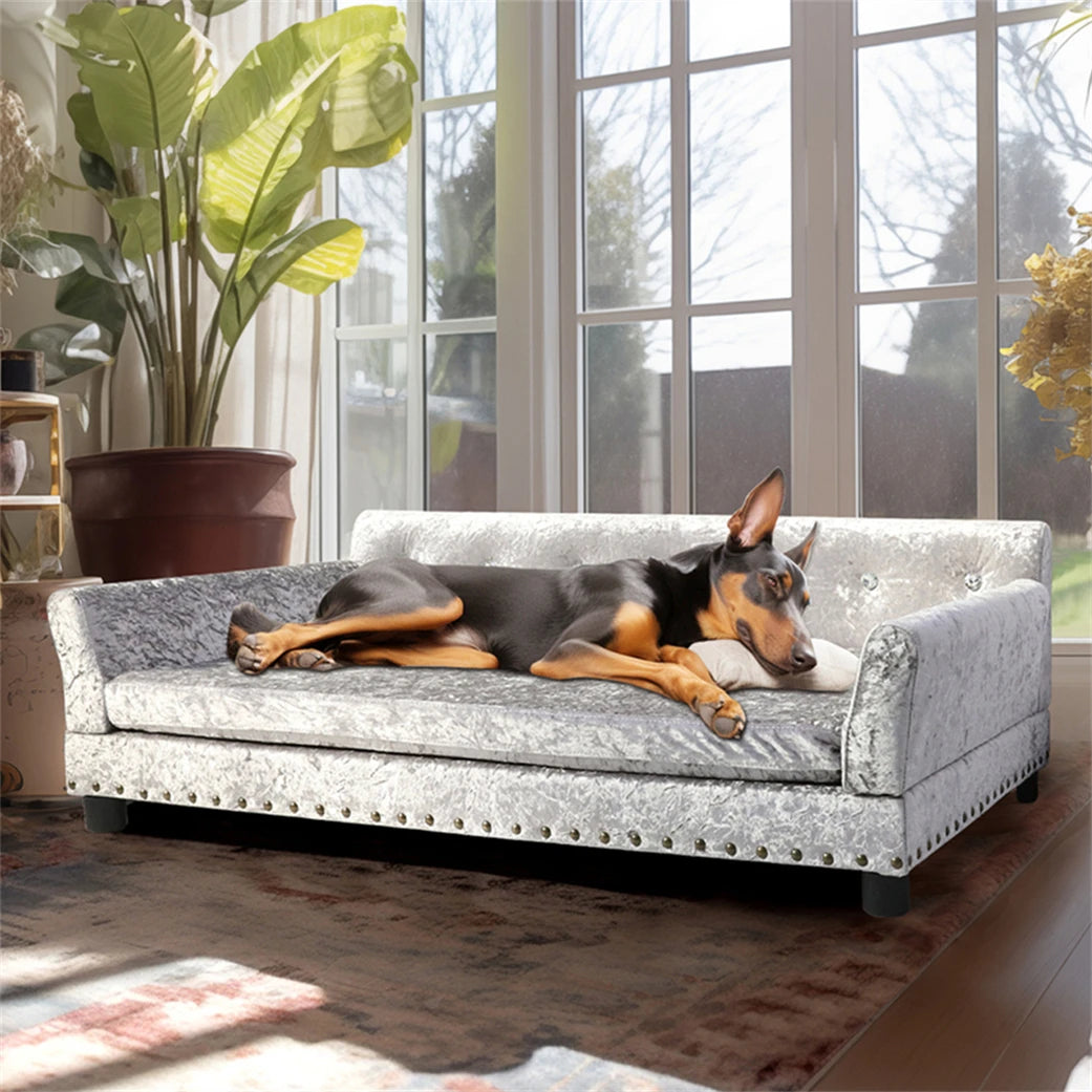 Heavy Duty Raised Dog Bed Sofa Large Cushioned Pet Couch Soft Microfiber Silicone Leather Velboa Covered Lounge for Cats And Puppies