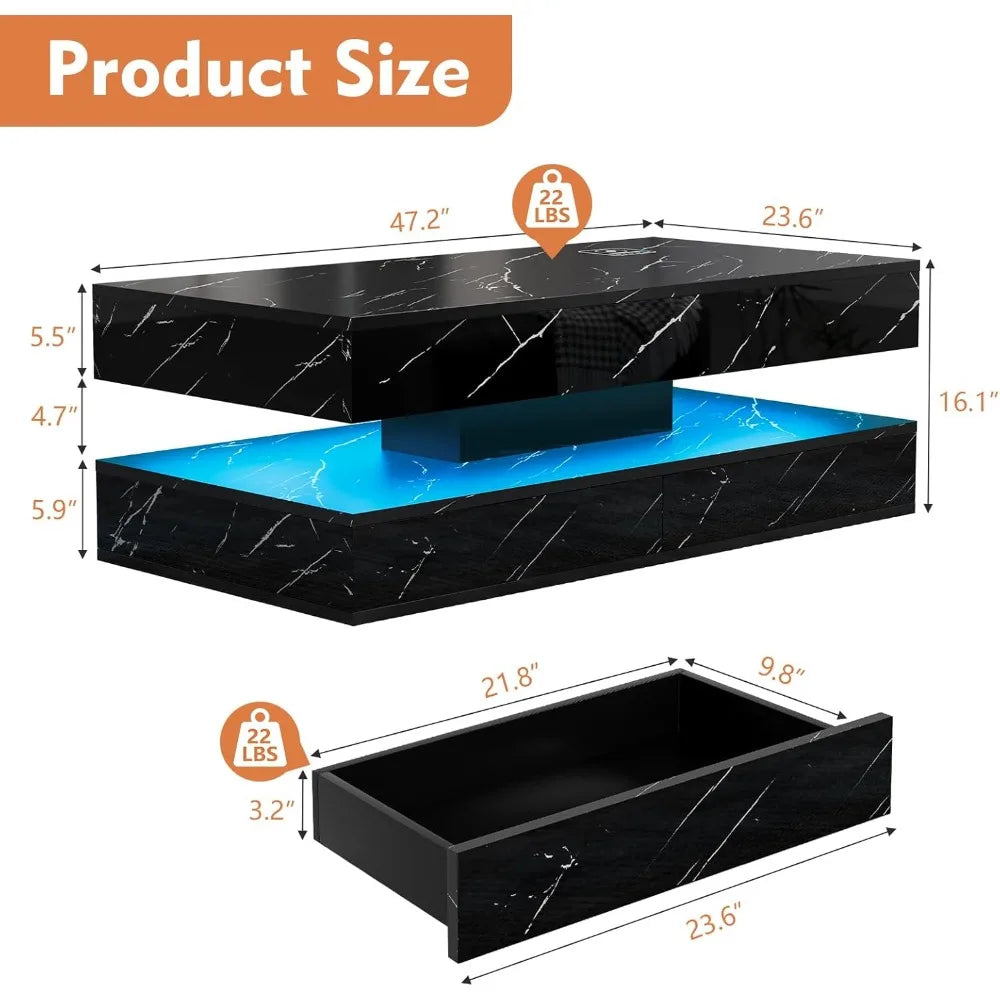Modern LED Coffee Table 47 Inch High Gloss Double Layer Center Table with Wireless Charging and Built in Bluetooth 2 Drawers Black Marble Finish