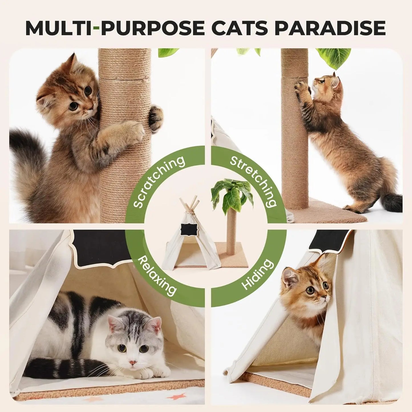 MEWOOFUN 60cm Tall Cats Scratching Post Teepee with Simulated Leaves Wooden Cat Tree Pet Bed Tent Indoor Play House for Cats