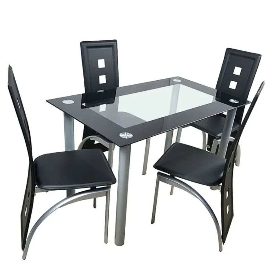 5 Pieces Dining Table Set for Kitchen Room Tempered Glass Dining Table 4 Chairs Black Table legs are silvery