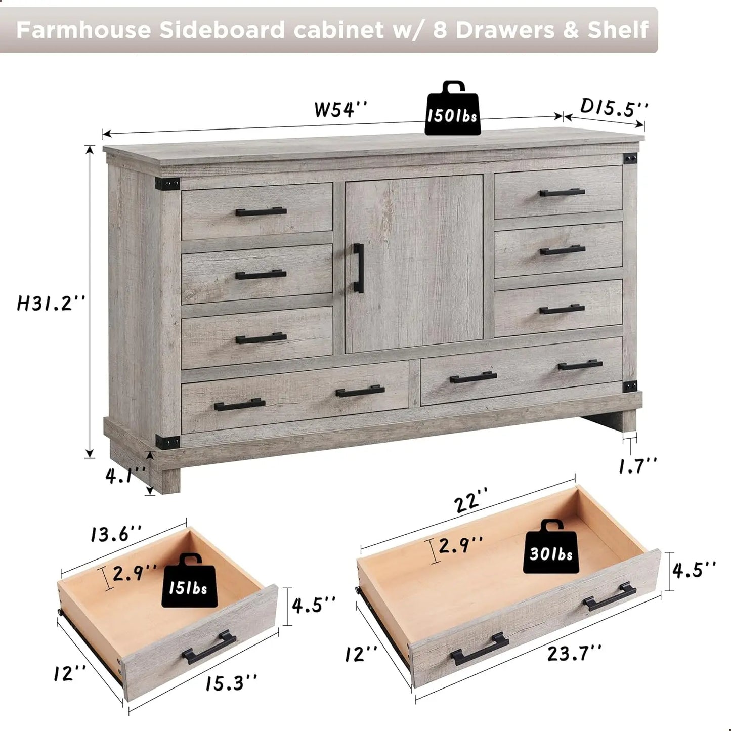 Farmhouse 8 Drawers Dresser for Bedroom, Wood Large Chest of Drawers with Thick Plank, Rustic Dresser for Bedroom